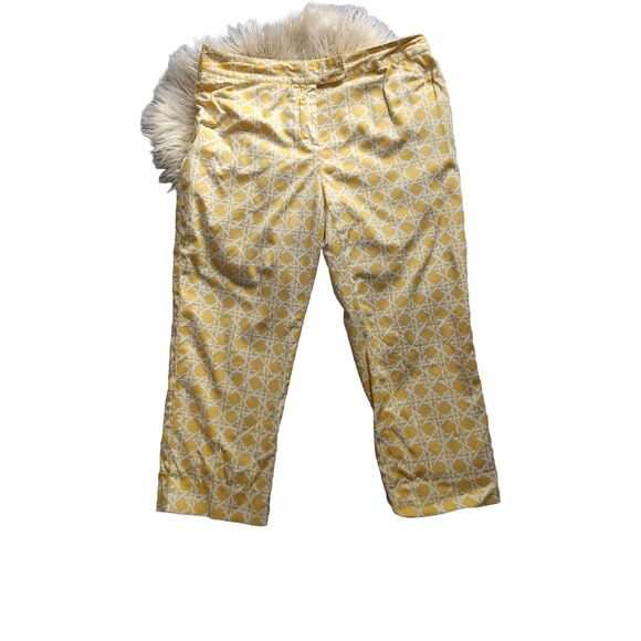 Liz & Co Women's 12 Cropped Ankle Capri Pants Yellow White Print High Waisted - Picture 1 of 8
